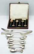 Pair of Victorian hallmarked silver table forks, further cutlery to include modern caddy spoon and a
