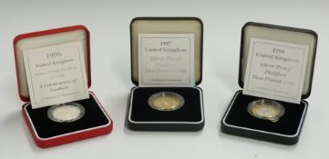 Three Royal Mint silver proof Piedfort £2 coins, comprising 1996, 1997 and 1998, all cased with