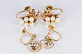A pair of 9ct gold earrings set with pearls in the form of a bunch of grapes and a pair of 9ct