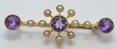 Edwardian 15ct gold brooch set with amethysts and seed pearls, 1 x 3.1cm, 4g