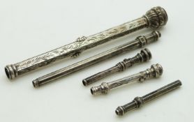 Five hallmarked silver propelling pencils all with engraved decoration, three with agate or glass