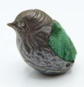 Hallmarked silver novelty pin cushion formed as a bird chick, import marks for Birmingham 1979,
