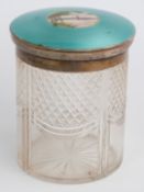 George V hallmarked silver and turquoise guilloché enamel cut glass jar with enamel painted lake