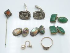 A 9ct gold ring set with seed pearls (1.6g), Victorian silver stick pin, silver cufflinks etc