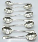Elizabeth II set of eight hallmarked silver Hanovarian rat tail pattern soup spoons, London 1965