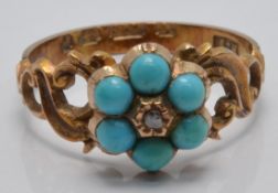Victorian ring set with a rose cut diamond and turquoise, verso a glass compartment set with hair,