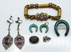 Victorian silver horseshoe brooch and earrings set with malachite, paste brooch, silver earrings set