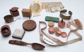 A collection of Victorian treen and collectables including brass dog collars, handmade comb,