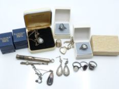 A collection of silver jewellery including rings, Blue John pendant and ring, earrings, silver