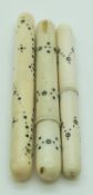 Three 19thC turned ivory Indian Madras ware needle cases, longest 8cm