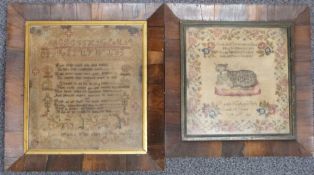 Two 19thC embroidery samplers with cat decoration, Rachel Walton, aged 10, 1833, and Louisa