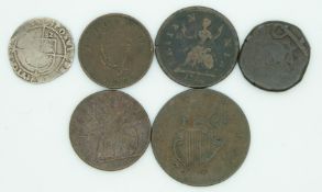 A small group of six interesting coins to include Elizabeth I 3d 1582, Charles II farthing 1672,