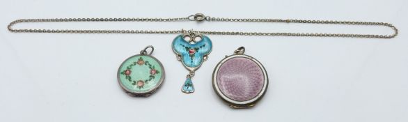A silver pendant and two silver lockets all set with guilloché enamel, 19g.