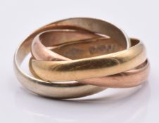 A 9ct gold tri-coloured Russian style wedding band/ ring, 3.3g, size F/G