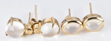 Two pairs of 9ct gold earrings set with cat's eye moonstone, origin Sri Lanka