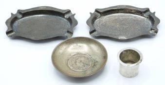 Two hallmarked silver ashtrays, white metal Belgian coin based dish and a further white metal