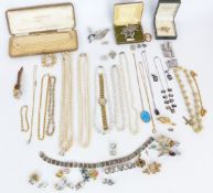A collection of costume jewellery including vintage brooches, paste buckles, vintage watches,