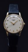 Longines 9ct gold gentleman's wristwatch ref. 13322 with gold hands and Arabic numerals, champagne