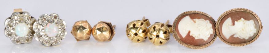 A pair of 9ct gold cameo earrings, two pairs of 9ct gold earrings and a pair of 9ct gold earrings