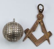 Victorian silver sphere charm dated 1888, and a Masonic charm