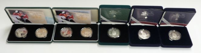 Seven Royal Mint silver commemorative £5 crowns comprising a 'Queen Mother 100th' silver Piedfort,