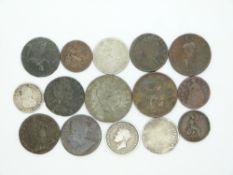 A collection of fifteen worn but interesting UK etc coins to include William III shilling, George II