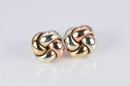 A pair of 9ct gold tri-coloured knot design earrings, 3.9g
