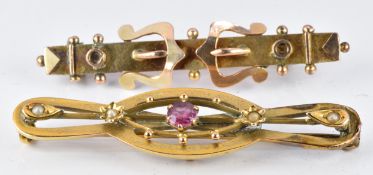 Two 9ct gold Edwardian brooches, one set with seed pearls and topaz, the other 1902 by JA & S (4.