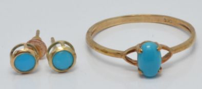 A 9ct gold ring and a pair of 9ct gold earrings, 1.1g