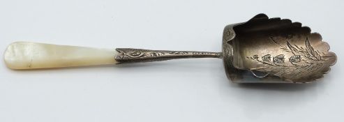 Edward VII hallmarked silver caddy spoon or scoop with mother of pearl handle, Birmingham 1902
