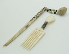 A 19thC Indian Madras ware bone combined spoon and fork and a pair hair sticks, possibly North