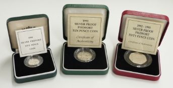 Three Royal Mint silver proof Piedfort coins, 1990 5p, 1992 10p and a 1992-93 50p, all cased with