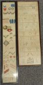 Two 19thC embroidery samplers, largest 60 x 20cm