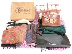 Textiles including embroidered Kashmiri wool scarf, black patent Waldybag, Brother leather 'Henry's'
