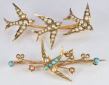 A 15ct gold brooch in the form of three swallows set with seed pearls and turquoise and a similar