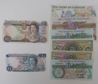 A group of States of Guernsey banknotes to include two Hoddes 1969-75 £1 notes, E and F prefixes,