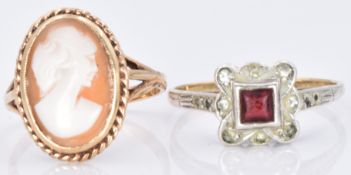A 9ct gold ring set with a cameo and a 9ct gold and silver ring, 2.4g, size K and P