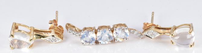 A pair of 9ct gold earrings set with moonstones and diamonds, origin Sri Lanka, and a 9ct gold