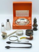 Hallmarked silver pin dish in box with certificate, hallmarked silver octagonal pepper, two