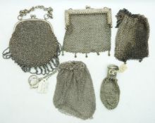 Fine cut steel / silver mesh purses including one marked 'German Silver', largest 13 x 12cm