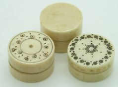 Three 19thC Indian Madras ware ivory turned vinaigrettes, largest diameter 2.2cm