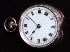 Unnamed 9ct gold keyless winding open faced pocket watch with blued hands, black Roman numerals,