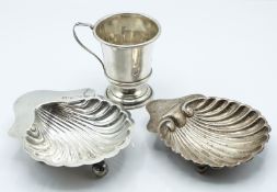 Three pieces of hallmarked silver including a pedestal tankard and two shell dishes, Birmingham,