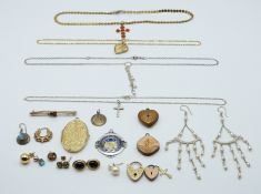 9ct gold earrings, 9ct gold brooch (3.8g), silver necklace and earrings, silver fob, etc