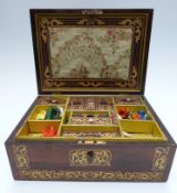 A 19thC brass inlaid rosewood workbox with fitted interior, gilt and tooled Morrocco leather covers,