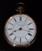 Fattorini & Sons of Bradford 18ct gold keyless winding open faced centre seconds chronograph