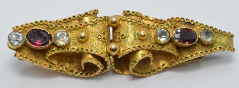 Victorian Etruscan Revival brooch set with foiled garnets and paste, 1.5 x 5cm, 6.3g