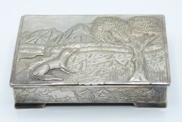 Possibly American or Canadian white metal box decorated with landscape and animals, width 13cm,
