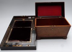 A 19thC brass inlaid coromandel writing slope and a burr walnut sarcophogus shaped box, largest
