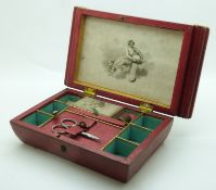 Georgian sewing / needlework red leather sarcophagus shaped workbox with brass mounts, fitted